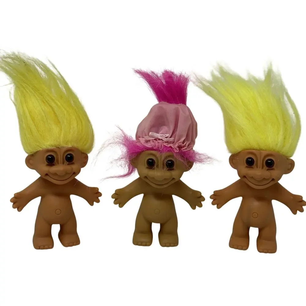 3 Vintage 4” Troll Dolls Russ - Yellow & Pink Hair